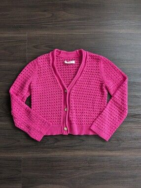 Loft Bright Pink 100% Cotton Open Knit Cardigan Fall Boho Cottagecore Small